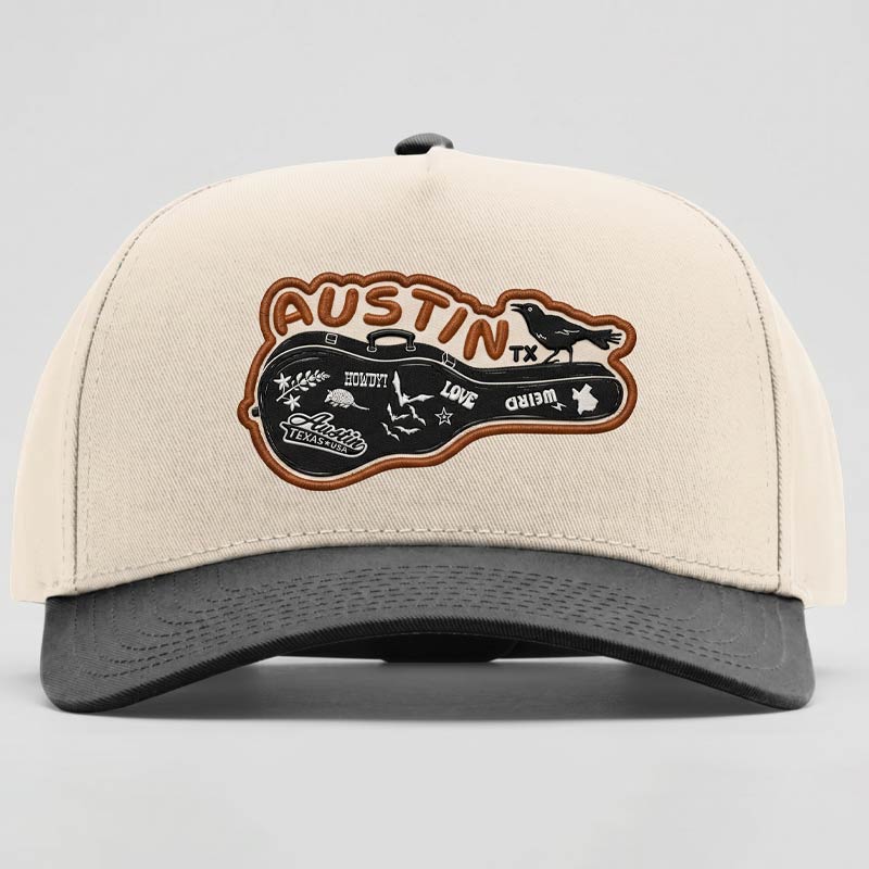 Front view of Carry-On Austin structured cotton twill hat with black brim and vintage-style patch detail