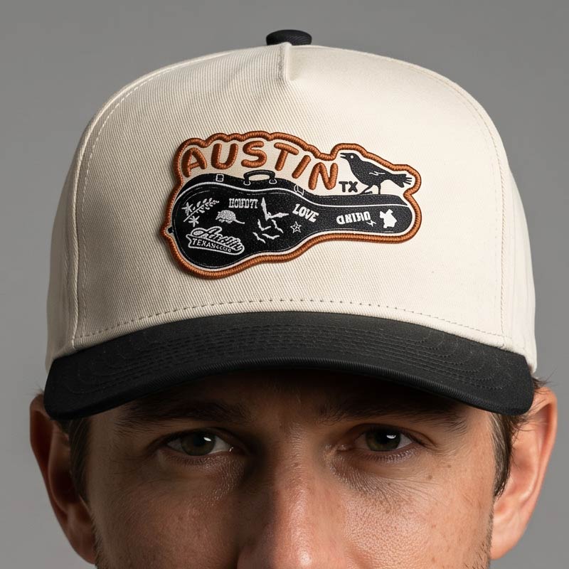 Front view of model wearing Carry-On Austin structured cotton twill hat with black brim and vintage-style patch detail