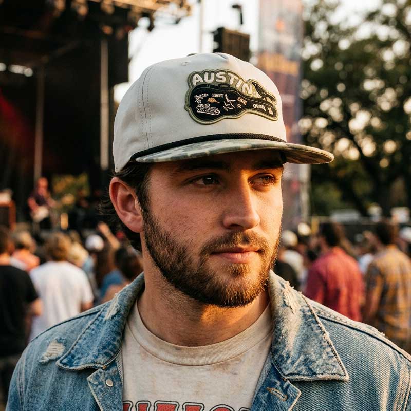 Man wearing the Carry-On Austin Camo Hat at an outdoor Austin concert

