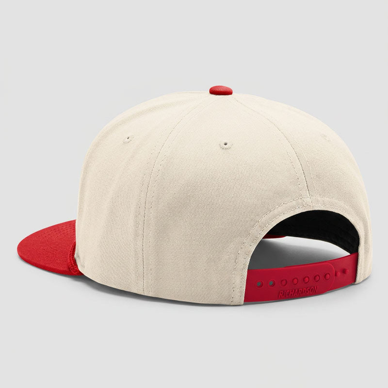 Back view of the Carry-On Georgetown Hat on a Richardson 323FPC cap, showing the adjustable snapback closure and cream/red colorway.