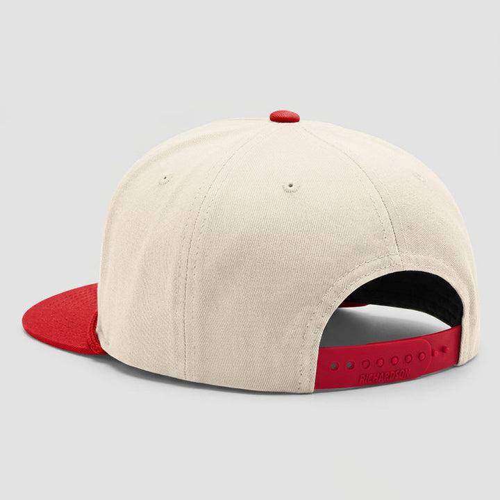 Back view of the Carry-On Georgetown Hat on a Richardson 323FPC cap, showing the adjustable snapback closure and cream/red colorway.