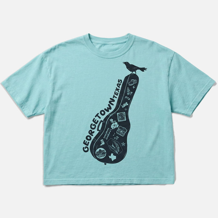 Light blue t-shirt with black graphic design on a white background