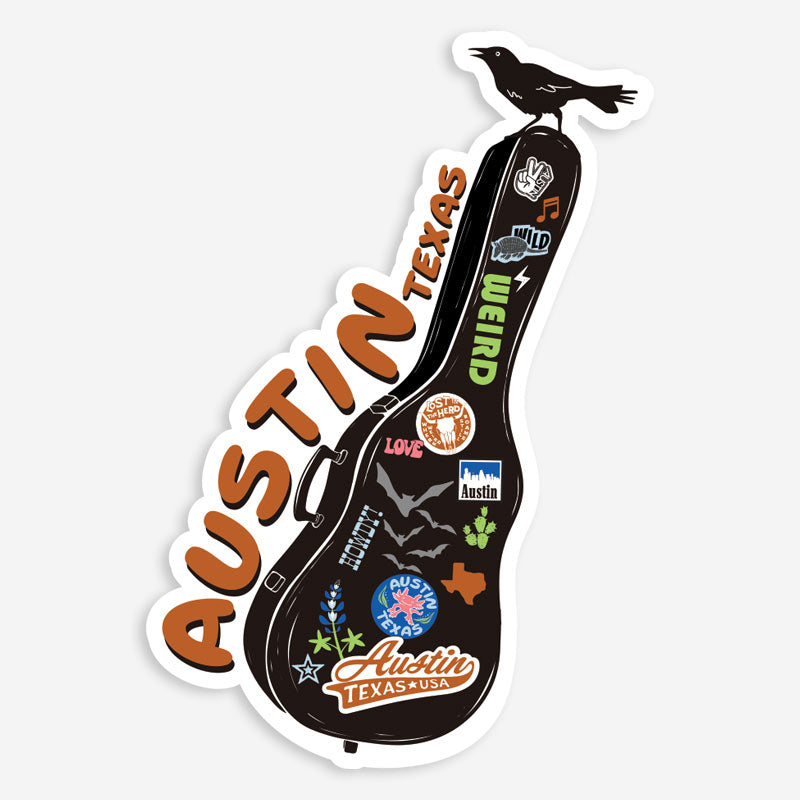 Carry-On Austin vinyl sticker featuring a guitar case covered in Austin-inspired graphics with a grackle perched on top.