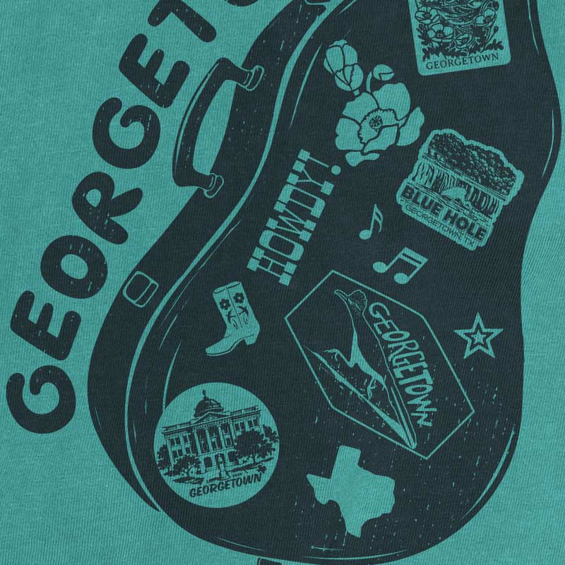 Teal shirt with black graphics and text on a teal background