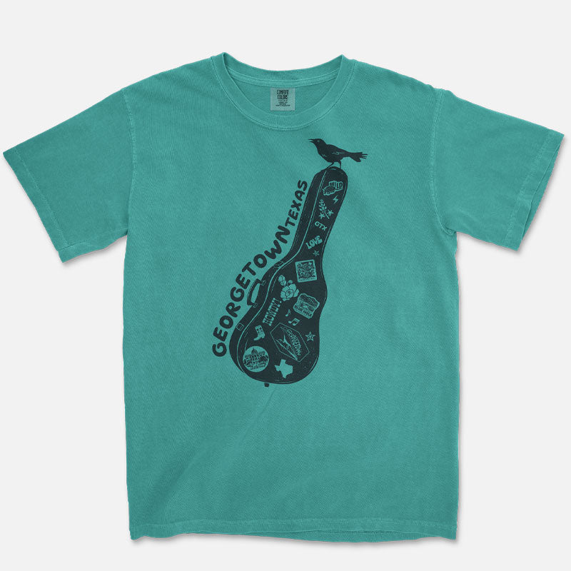 Carry-On Georgetown Texas T-shirt on seafood Comfort Colors tee with guitar case graphic and local Georgetown icons