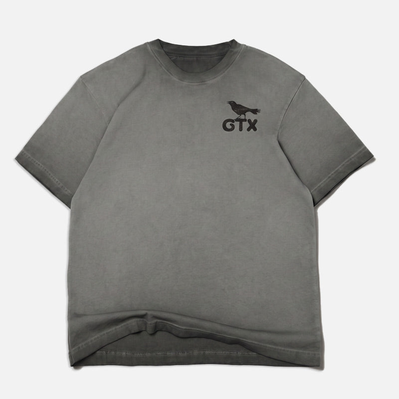 Front of Carry-On Georgetown oversized boxy tee in charcoal oil wash featuring small GTX grackle chest print.