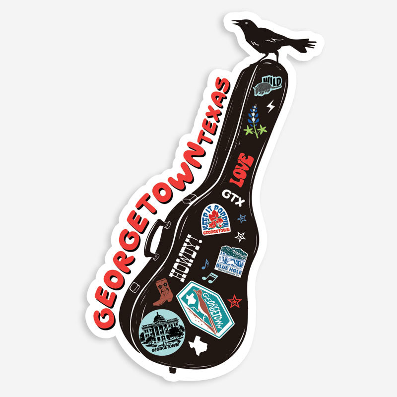 Carry-On Georgetown vinyl sticker featuring a guitar case decorated with Georgetown-inspired artwork and a grackle perched on top.