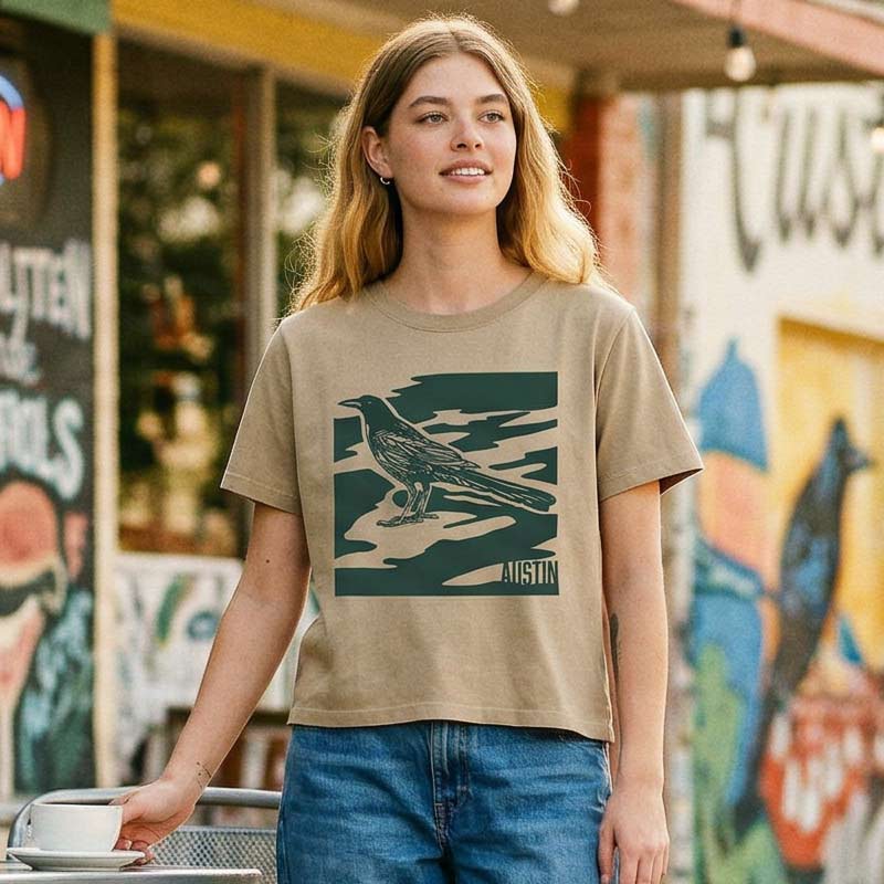 Woman wearing khaki garment-dyed City Camo Austin boxy t-shirt with bird graphic