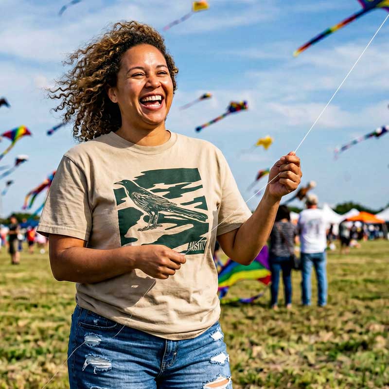 Lifestyle image of woman wearing relaxed fit garment-dyed Austin camo tee flying a kite at the Austin Kite Festival
