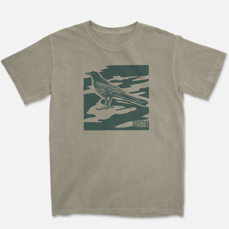 City Camo Austin sandstone t-shirt with green grackle and camo graphic flat lay