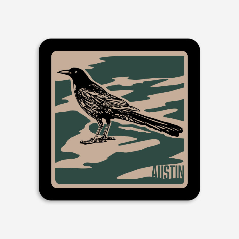 City Camo Austin vinyl sticker featuring rugged camo-inspired Austin artwork, printed on durable weather-resistant vinyl by Gusto Graphic Tees.