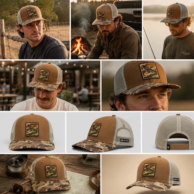 Various angles and product shots of Saddle and duck camo DRI DUCK trucker hat with UV printed grackle camouflage patch designed to look embroidered