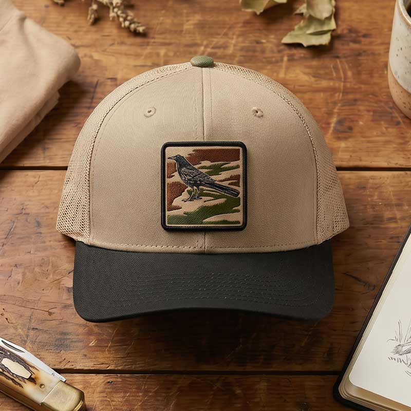 Flat lay of the City Camo Grackle Richardson 112 trucker hat styled with Texas-inspired accessories on a rustic wood surface.