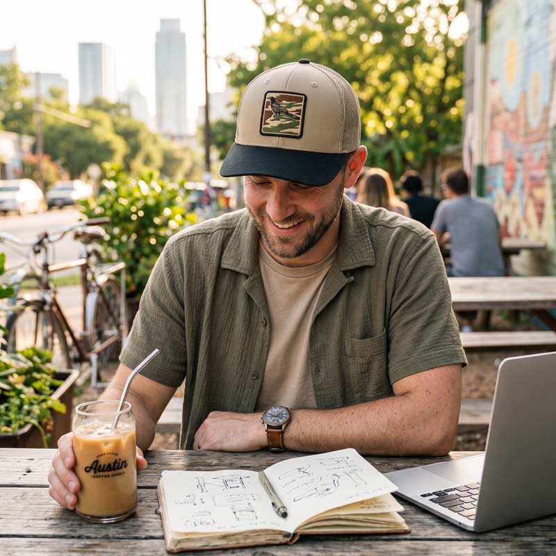 Man wearing the City Camo Grackle trucker hat while sitting at an outdoor coffee shop patio in Austin, Texas.