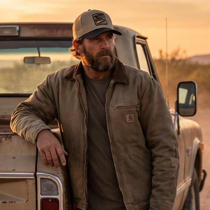 Man wearing the City Camo Grackle trucker hat while leaning against a truck tailgate on a Texas backroad at sunset.