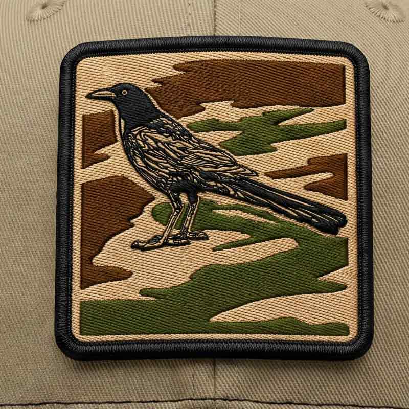 Close-up of the City Camo Grackle patch showing detailed faux embroidered texture and grackle artwork on a khaki Richardson 112 trucker hat.