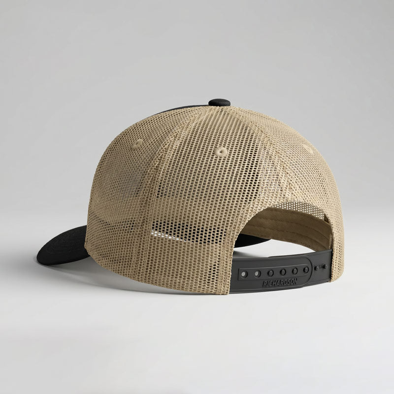 Back view of the Richardson 112 City Camo Grackle trucker hat featuring black mesh panels and adjustable snapback closure.