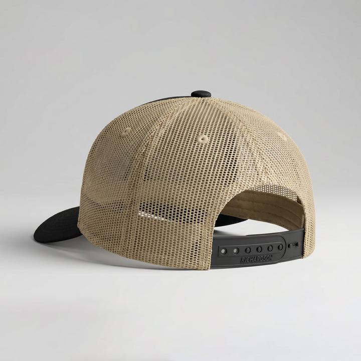 Back view of the Richardson 112 City Camo Grackle trucker hat featuring black mesh panels and adjustable snapback closure.