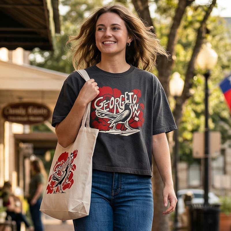 Woman wearing GTX Grackle Strut women’s garment-dyed boxy t-shirt in vintage black with bold grackle and red poppy graphic and relaxed mid-length fit