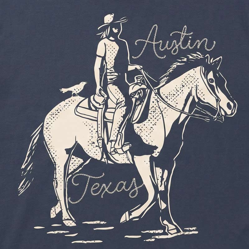 Close-up of horse and rider design with Austin Texas script