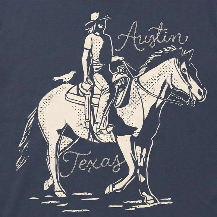 Close-up of horse and rider design with Austin Texas script