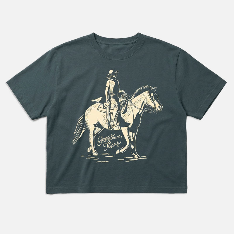 Dark gray t-shirt with a graphic of a person riding a horse and 'Georgetown' text on a white background