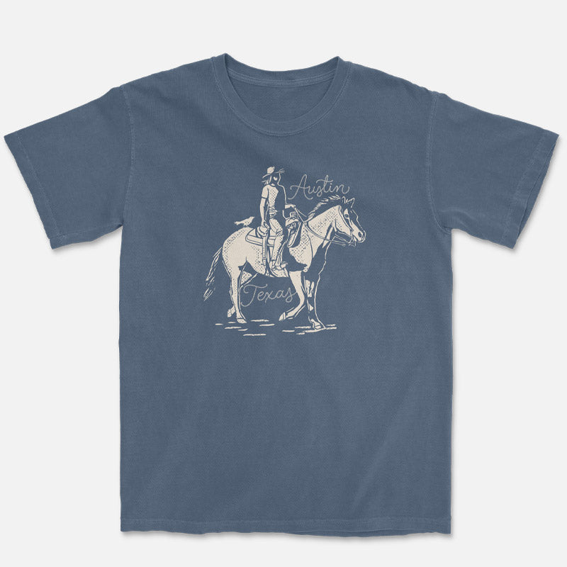 Dust and Reins Austin denim t-shirt with western style graphic flat lay