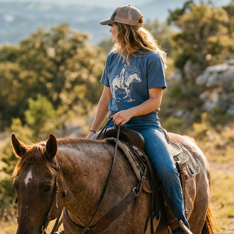 Person riding a horse in a natural setting with trees and open space, wearing an Austin western graphic tee on denim blue garment-dyed shirt