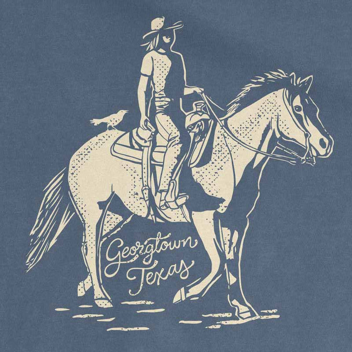 Dust and Reins Georgetown Texas T-shirt on Comfort Colors 1717 with western rider graphic design
