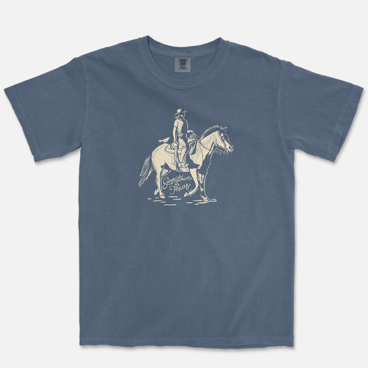 Georgetown TX western rider graphic tee on garment-dyed shirt with vintage style illustration