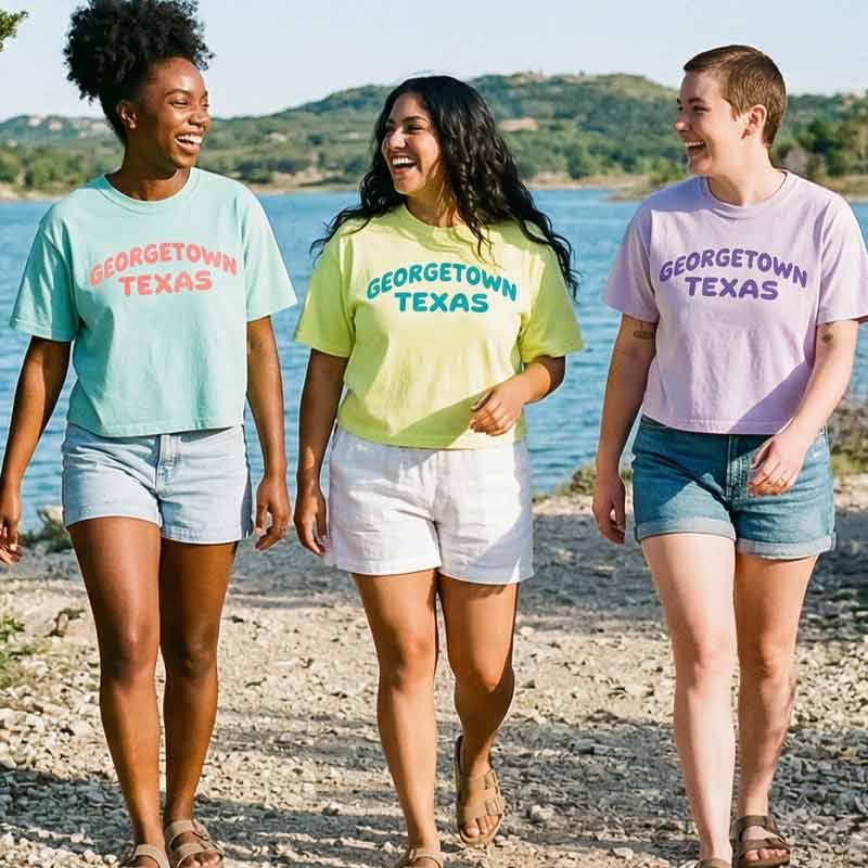Three women walking by a lake, wearing t-shirts with 'Georgetown Texas' text.