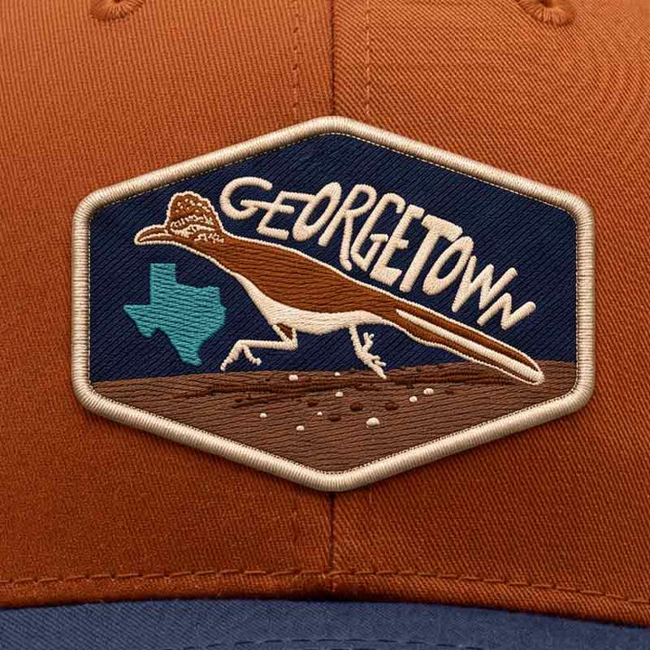 Close-up of the UV Printed Georgetown Road Runner patch showing detailed faux embroidered texture and Texas-inspired artwork.