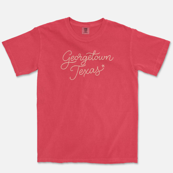 Paprika Comfort Colors Georgetown t-shirt featuring cream chainstitch-style script lettering inspired by vintage western embroidery.