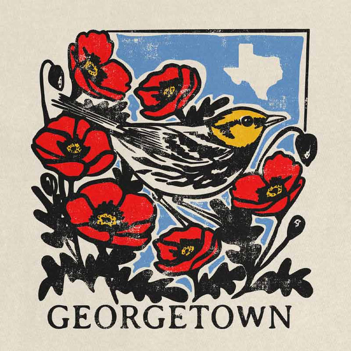 Georgetown Warbler T-shirt on ivory Comfort Colors 1717 featuring golden-cheeked warbler with red poppies and Texas outline