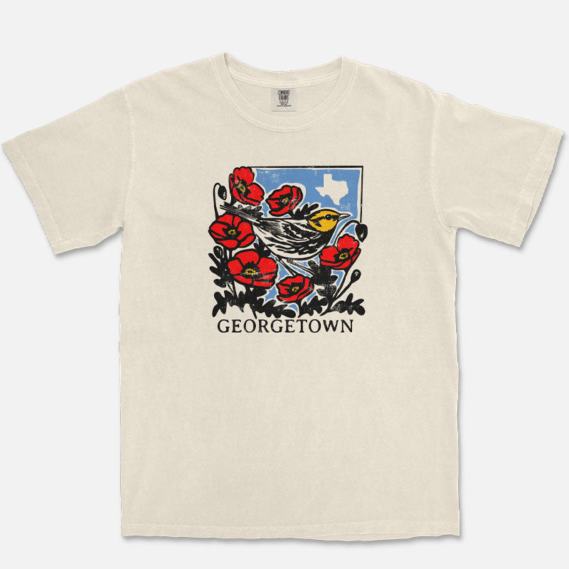 Ivory Georgetown Texas warbler graphic tee with vintage style bird and poppy illustration
