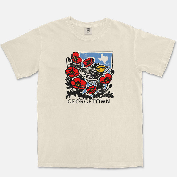Ivory Georgetown Texas warbler graphic tee with vintage style bird and poppy illustration
