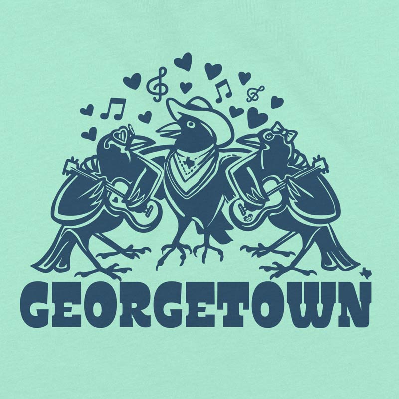 Close-up detail of navy Georgetown Grackle Gang screen print on mint youth t-shirt featuring grackles playing instruments.