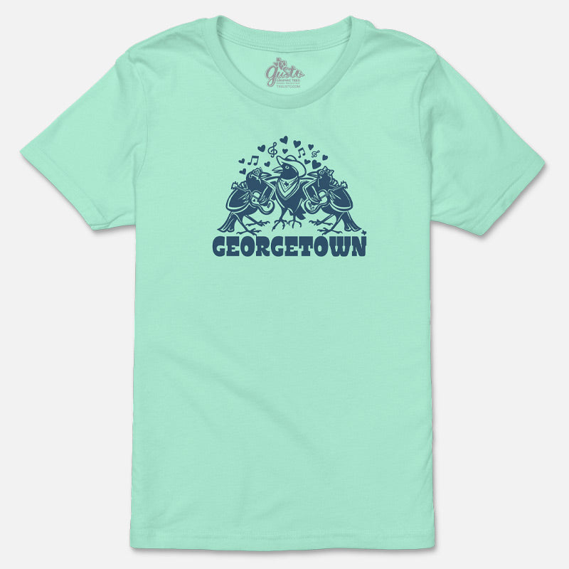 Flat lay of Georgetown Grackle Gang youth t-shirt in mint with navy grackle music-themed graphic and Georgetown lettering.