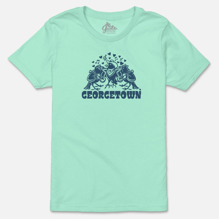 Flat lay of Georgetown Grackle Gang youth t-shirt in mint with navy grackle music-themed graphic and Georgetown lettering.