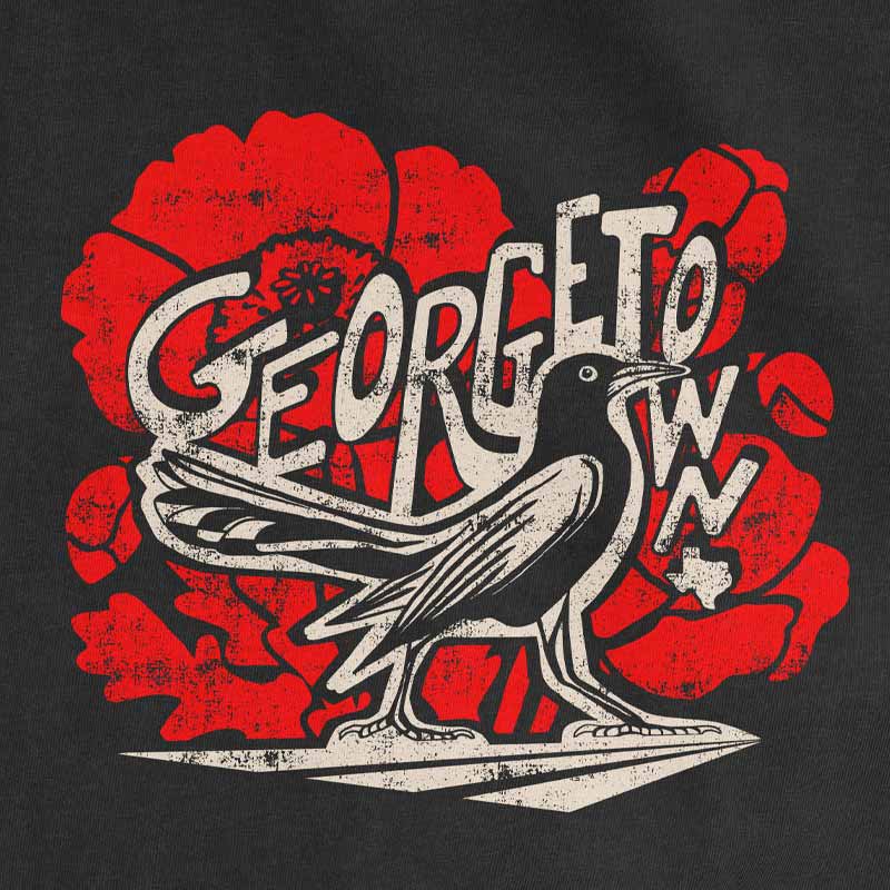 Grackle Strut Georgetown Texas T-shirt on black Comfort Colors 1717 with grackle bird and red poppy graphic
