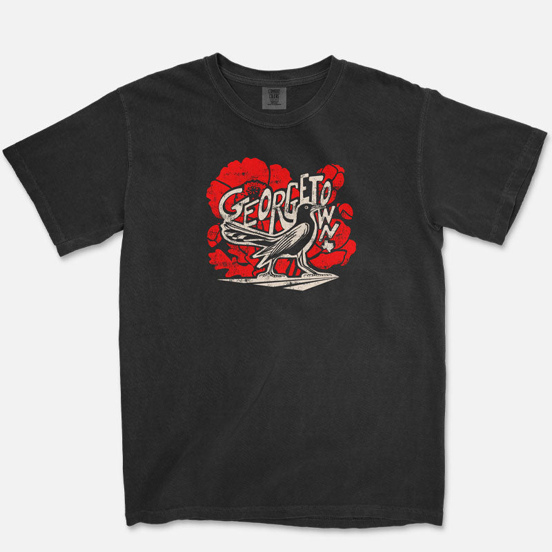 Black Georgetown TX grackle graphic tee with vintage style bird illustration and red poppies