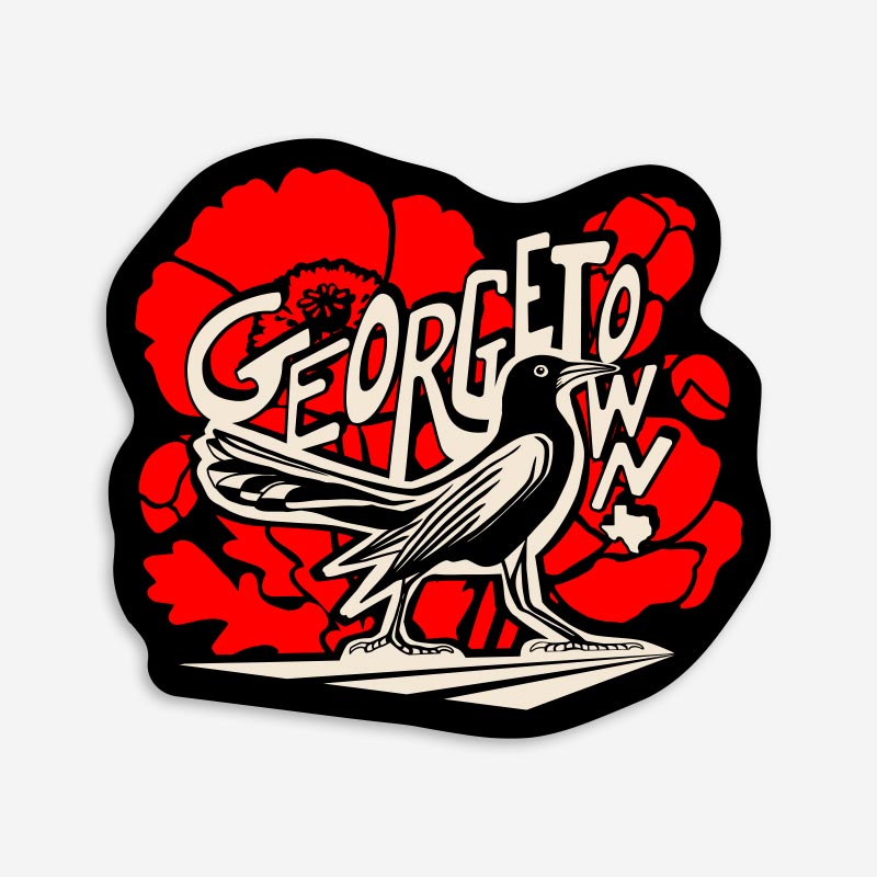 GTX Grackle Strut vinyl sticker featuring a stylized grackle standing in front of bold red poppies with Georgetown, TX lettering incorporated into the design.
Alt Text (Lifestyle Water Bottle Image)