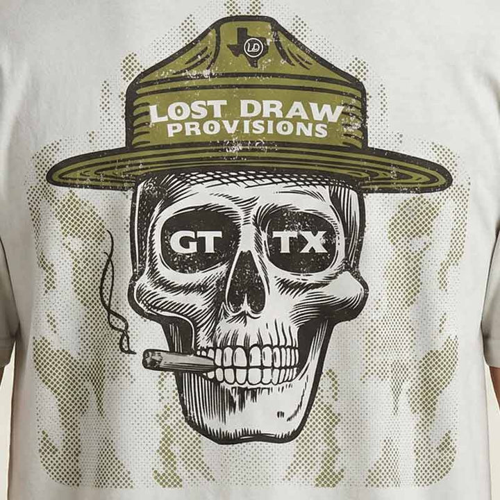 Close-up detail of GTX Ranger back graphic featuring skull illustration, ranger hat, GTX sunglasses, and vintage distressed print texture.
