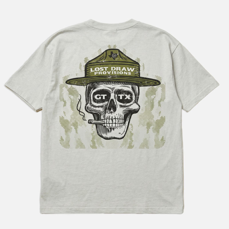 Back of GTX Ranger oversized boxy tee in dirty white featuring Lost Draw Provisions ranger skull graphic with ranger hat and GTX sunglasses.