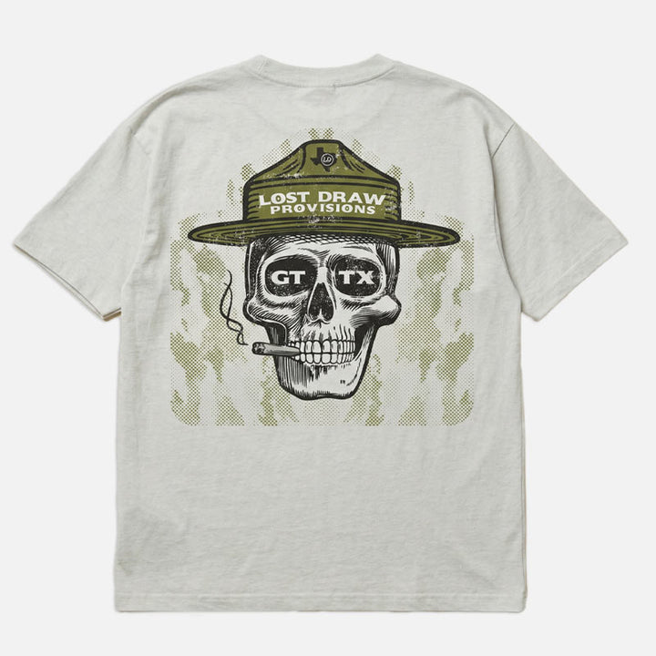 Back of GTX Ranger oversized boxy tee in dirty white featuring Lost Draw Provisions ranger skull graphic with ranger hat and GTX sunglasses.