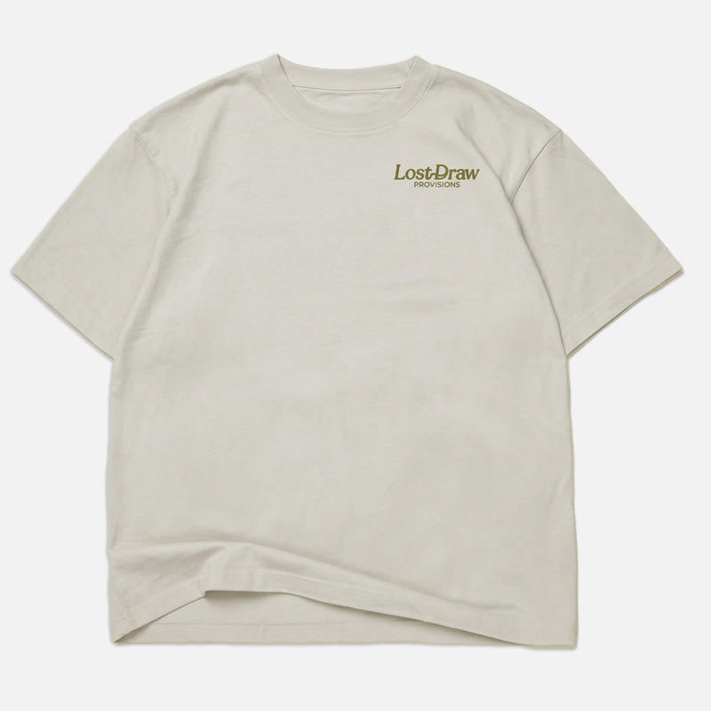 Front of GTX Ranger oversized heavyweight t-shirt in dirty white with small Lost Draw Provisions logo chest print.