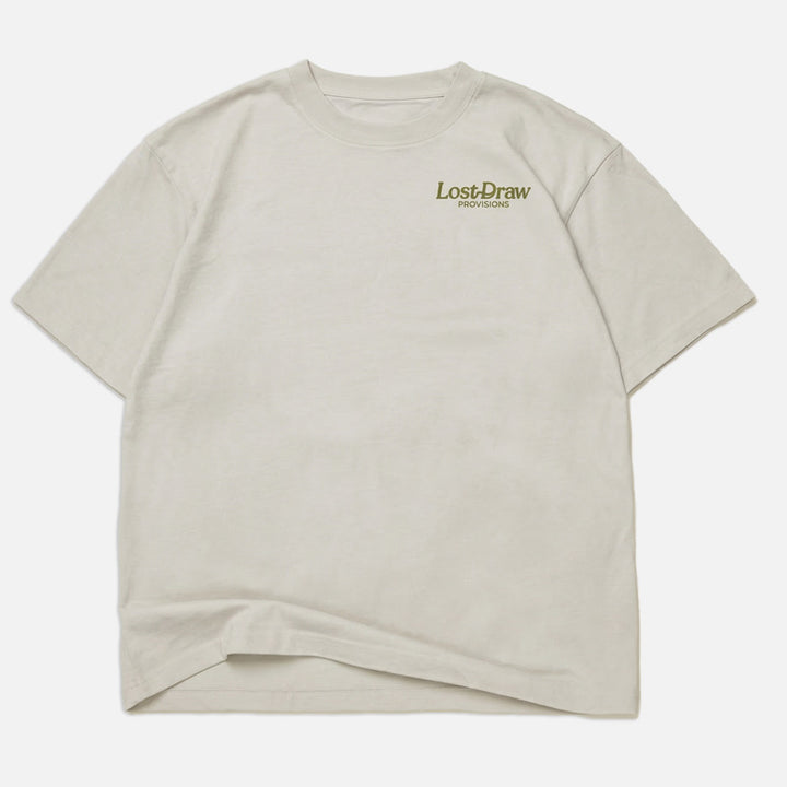 Front of GTX Ranger oversized heavyweight t-shirt in dirty white with small Lost Draw Provisions logo chest print.