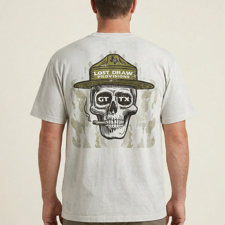 Back view of model wearing GTX Ranger tee in dirty white featuring oversized ranger skull graphic from Lost Draw Provisions.