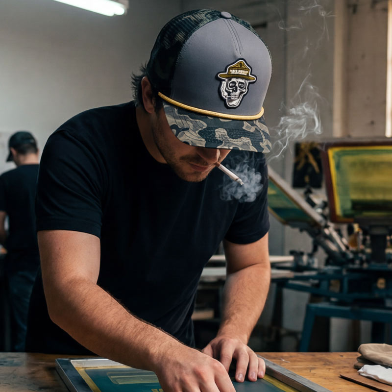 Person wearing the GTX Ranger Hat while working in a screen printing studio. Hat patch and topo camo brim visible in an authentic creative workspace.