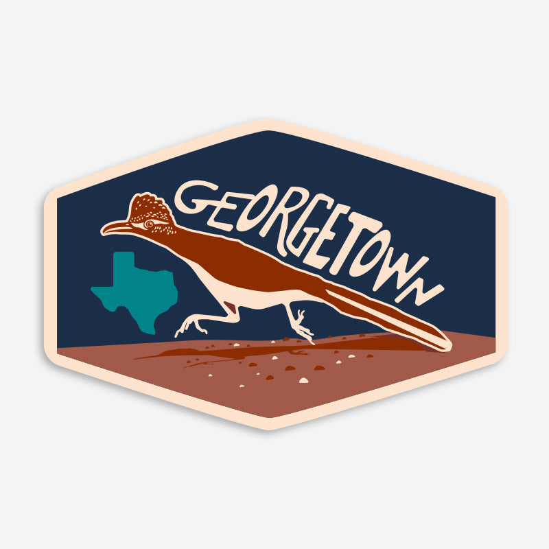 GTX Road Runner vinyl sticker featuring a stylized Texas road runner with Georgetown text and Texas-inspired desert artwork.